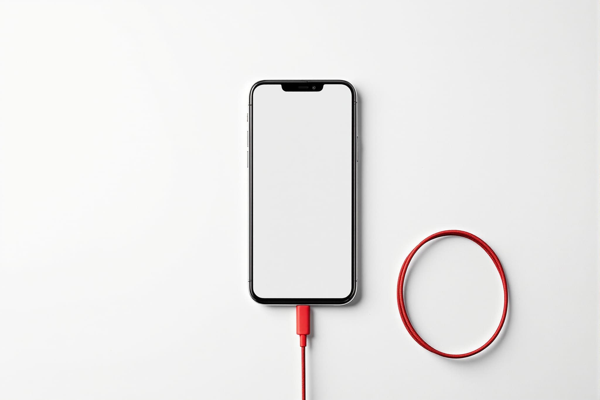 A phone with a blank screen on a pale desk, a crimson charging cable beside it