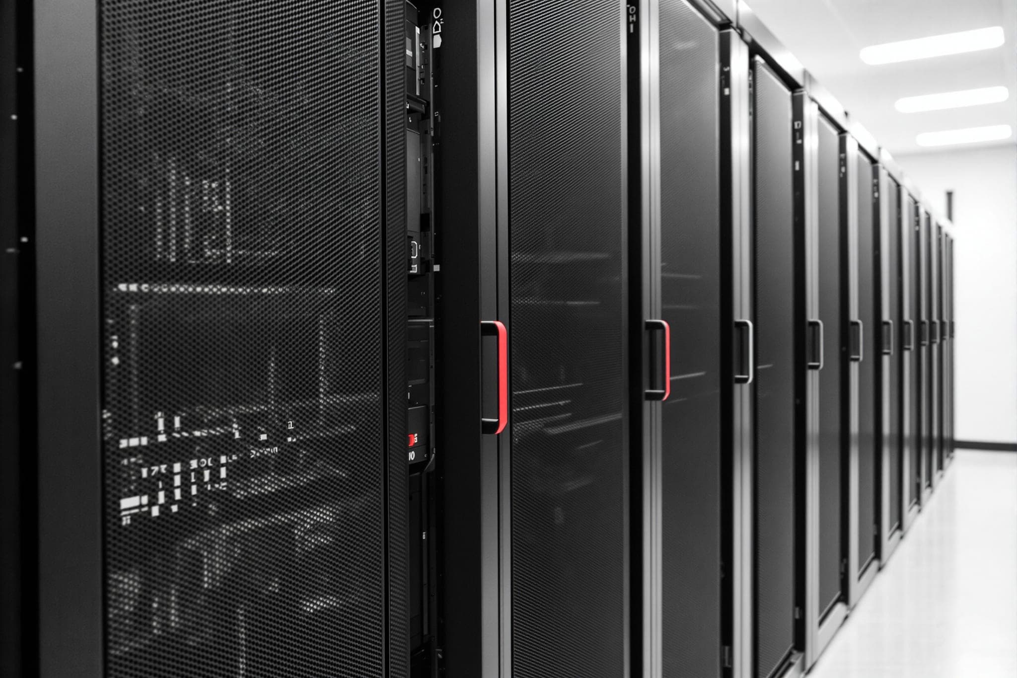 Identical server blades part way out of a rack, exactly one with a crimson handle