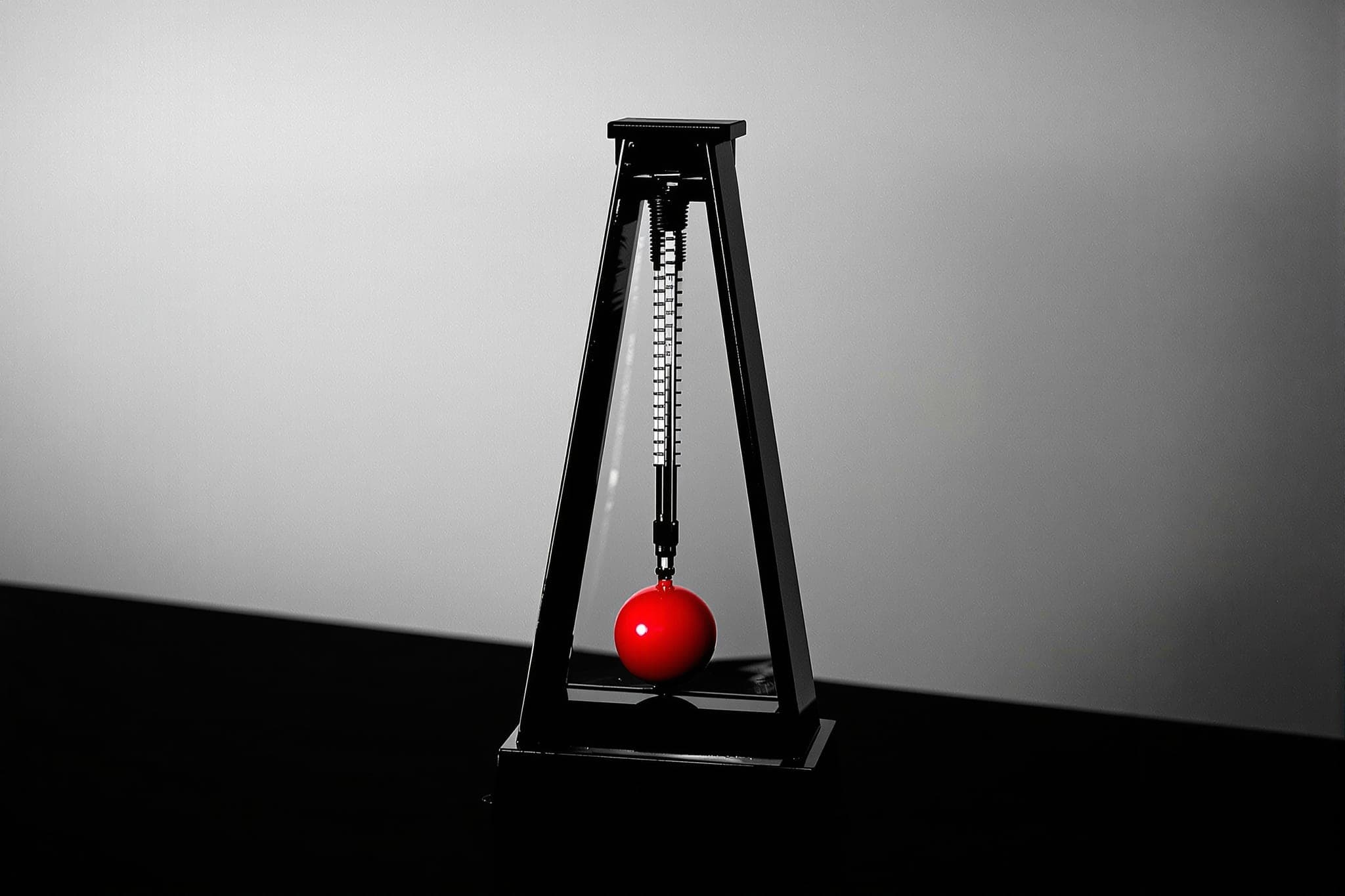 A metronome mid-swing, the sliding weight on its pendulum crimson