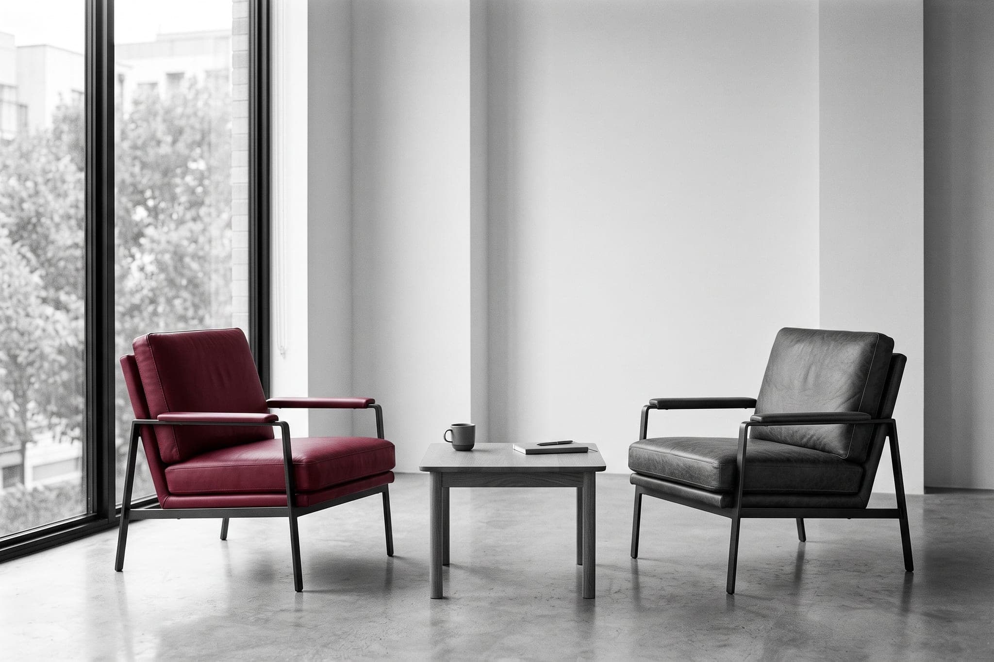 Two armchairs facing each other, exactly one upholstered crimson