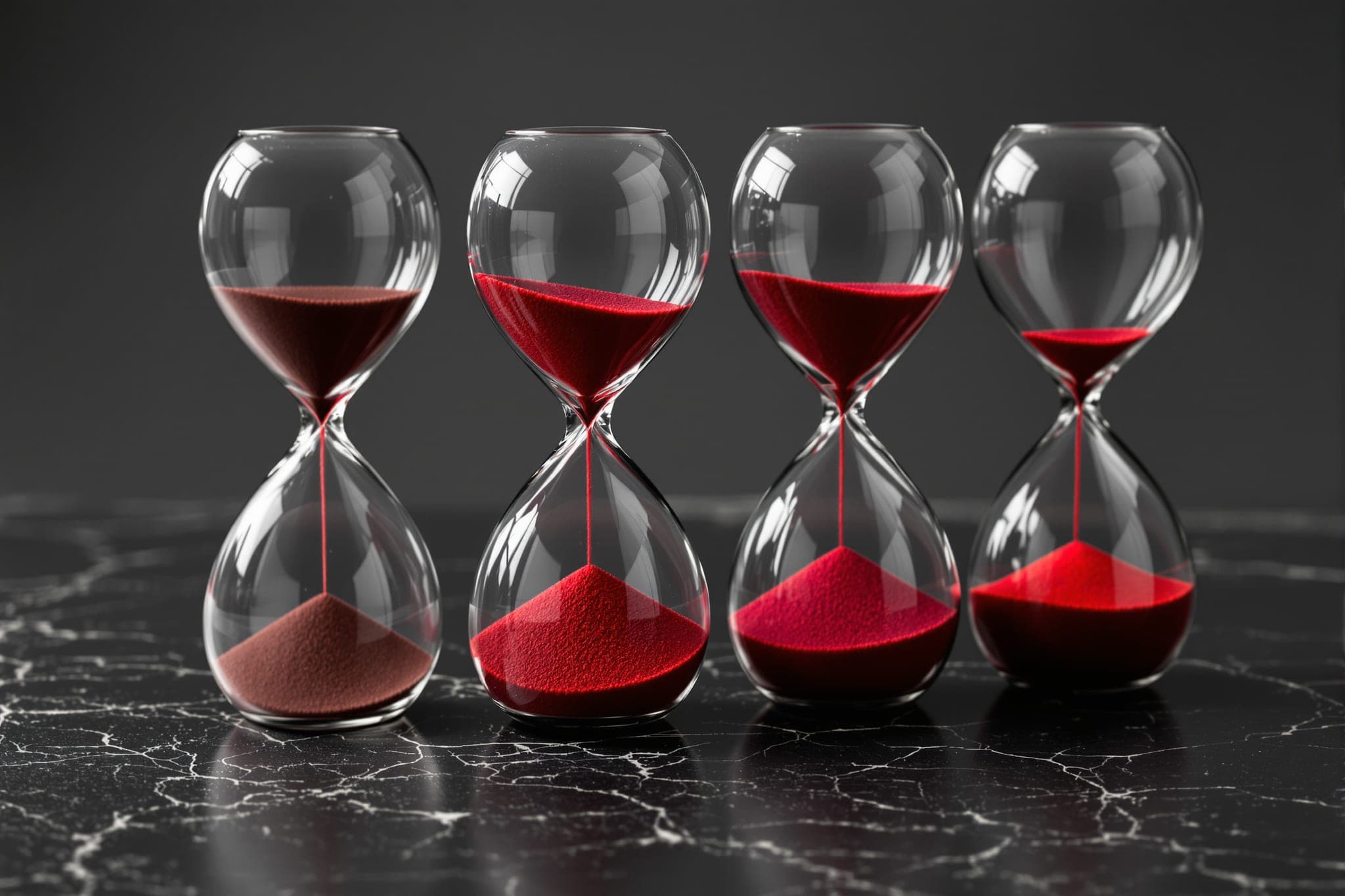 Four hourglasses in a row, three finished, the last still running with crimson sand