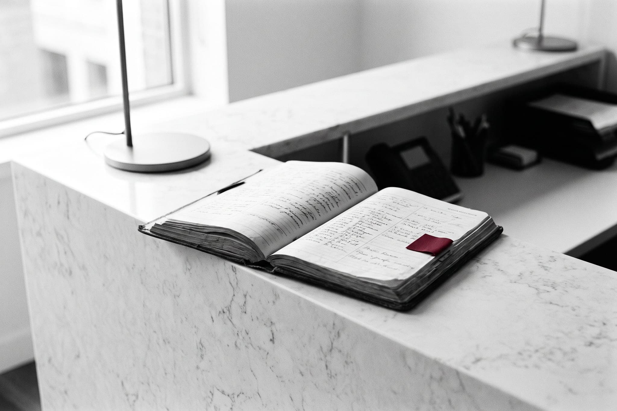 An appointment book full of lines, exactly one marked with a crimson tab