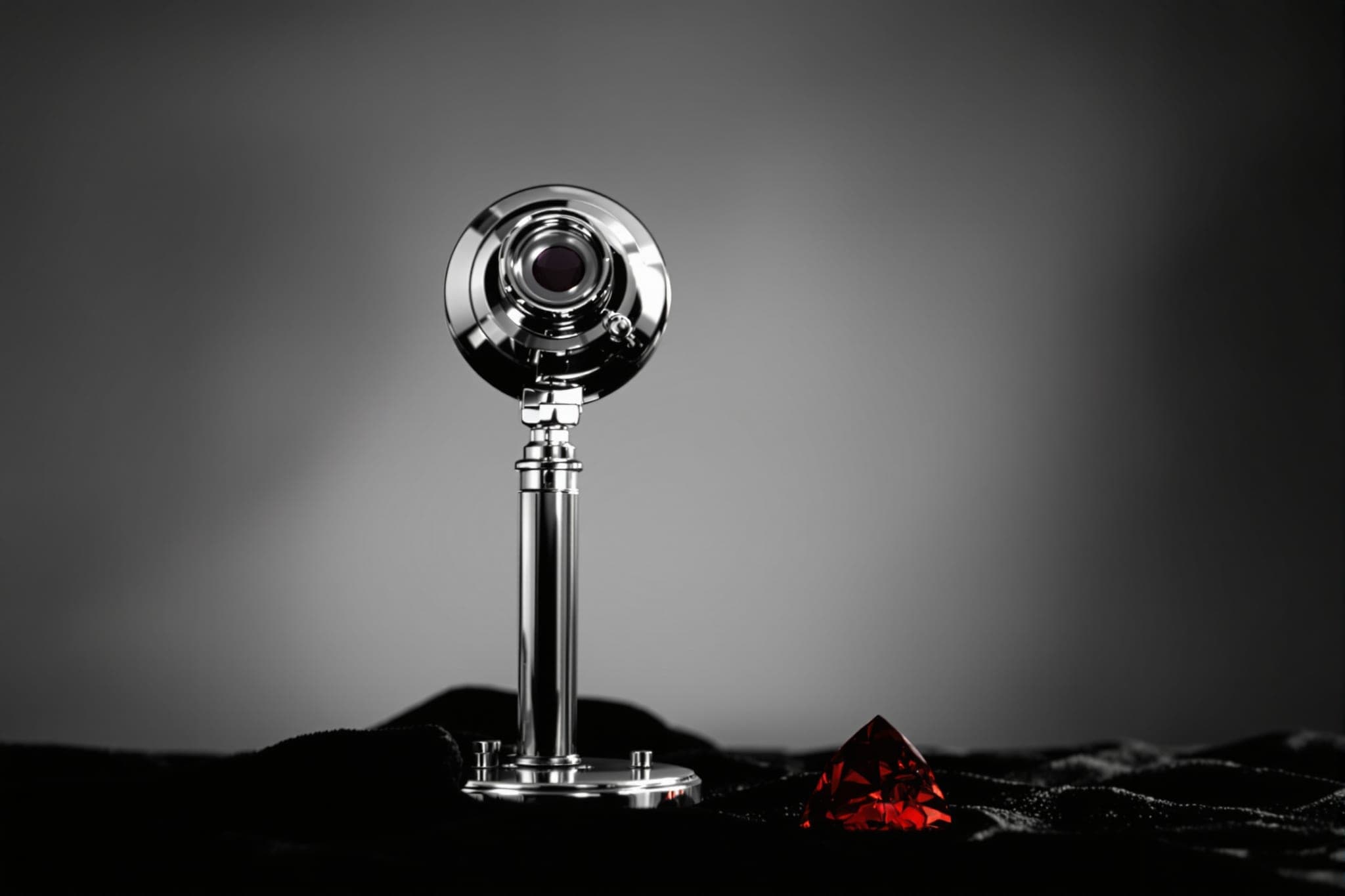 A steel loupe upright on black velvet, a single crimson gemstone beside it