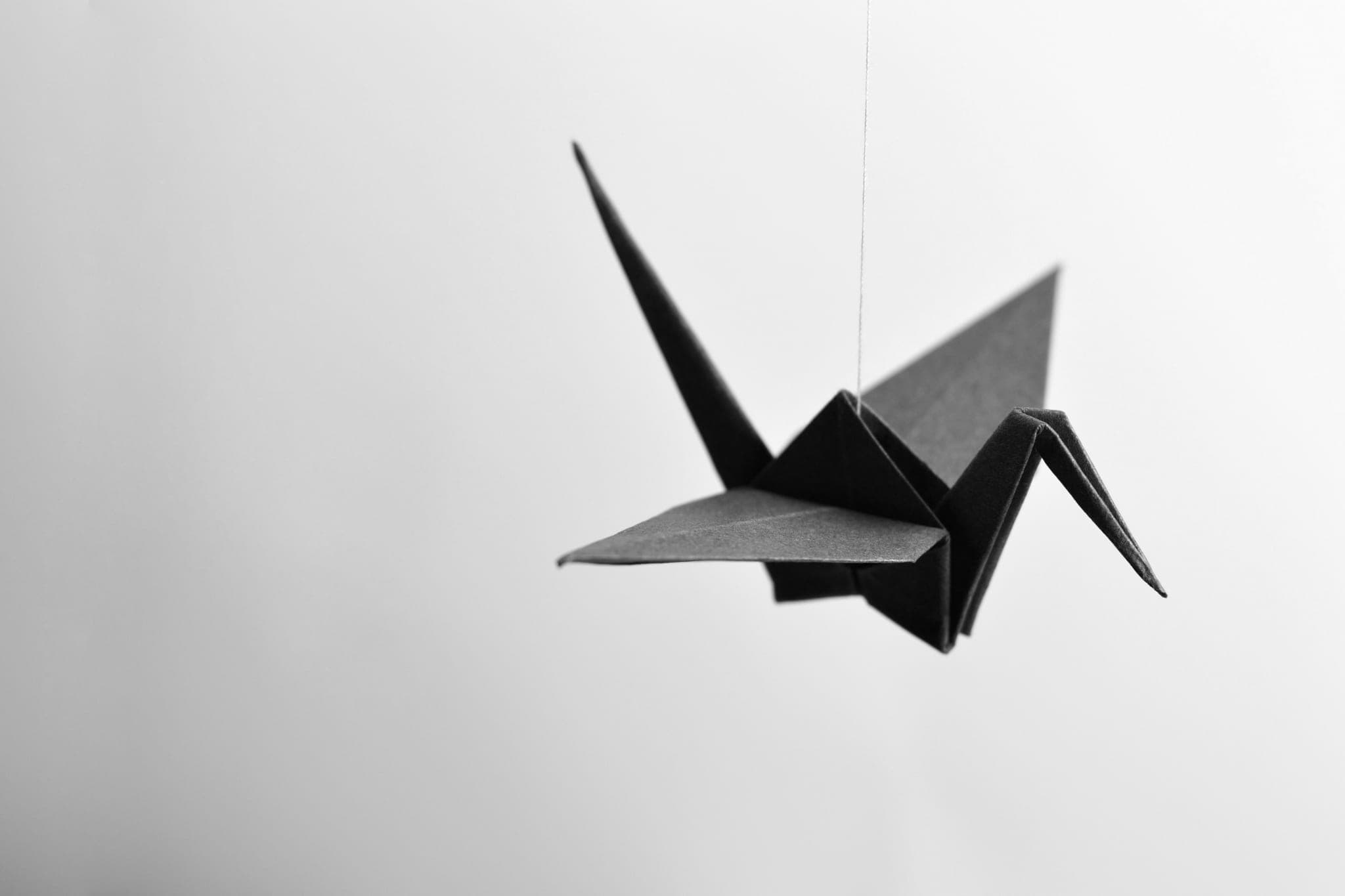 A black paper crane hanging on a thin thread against a pale background