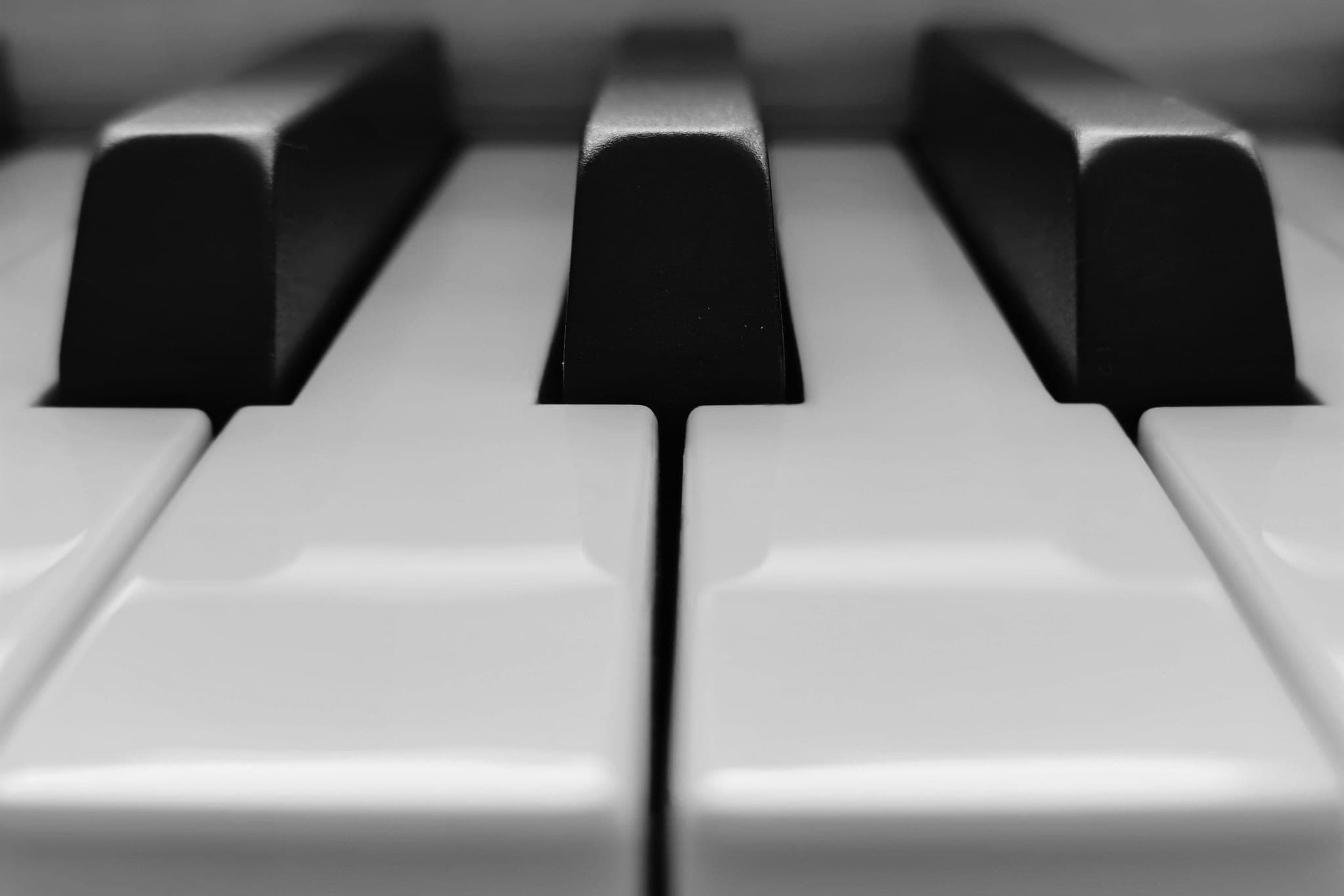 Close-up of three black piano keys between white keys