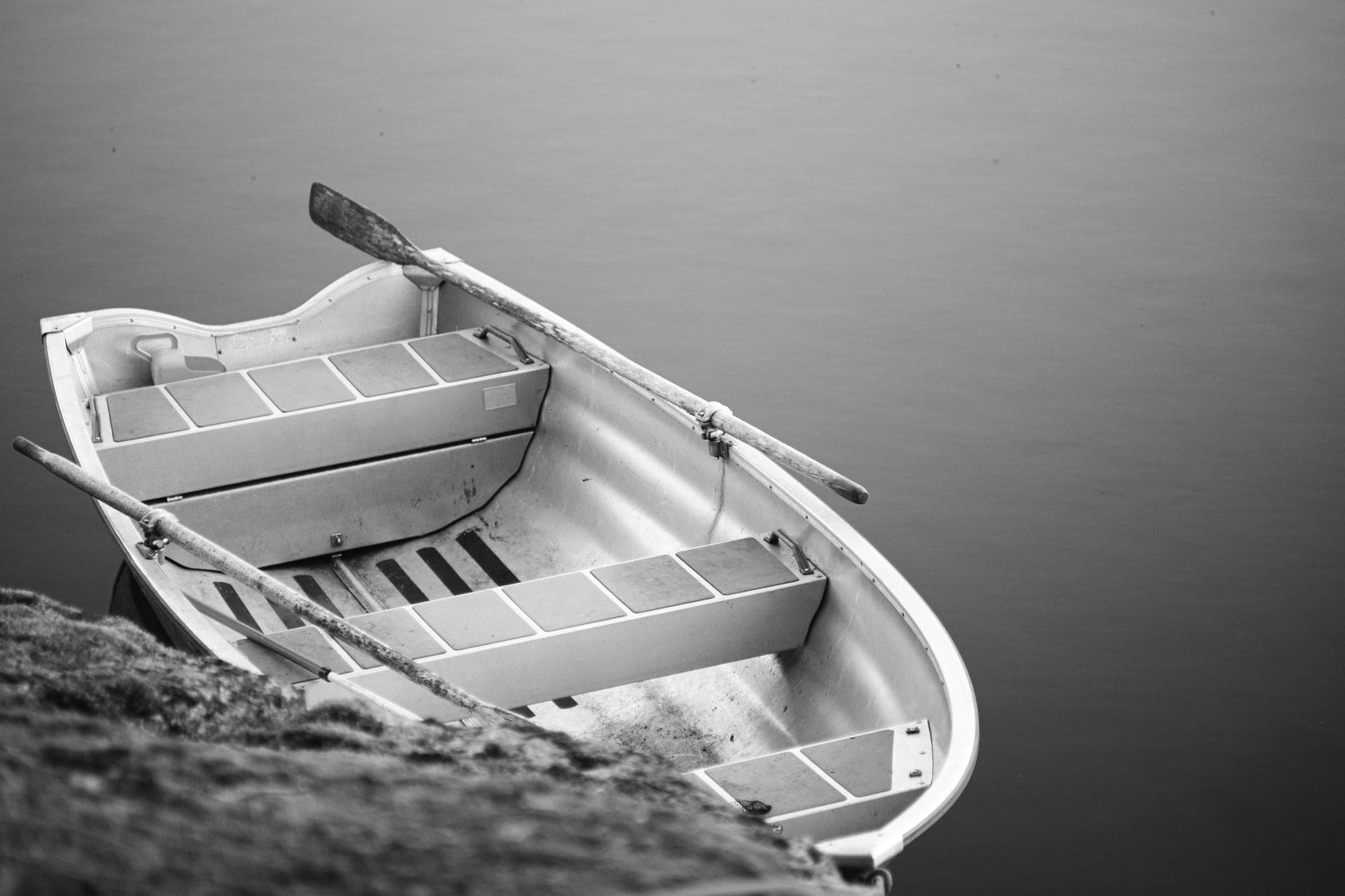 An empty rowboat against a mossy bank on still water, its two oars resting across the seats