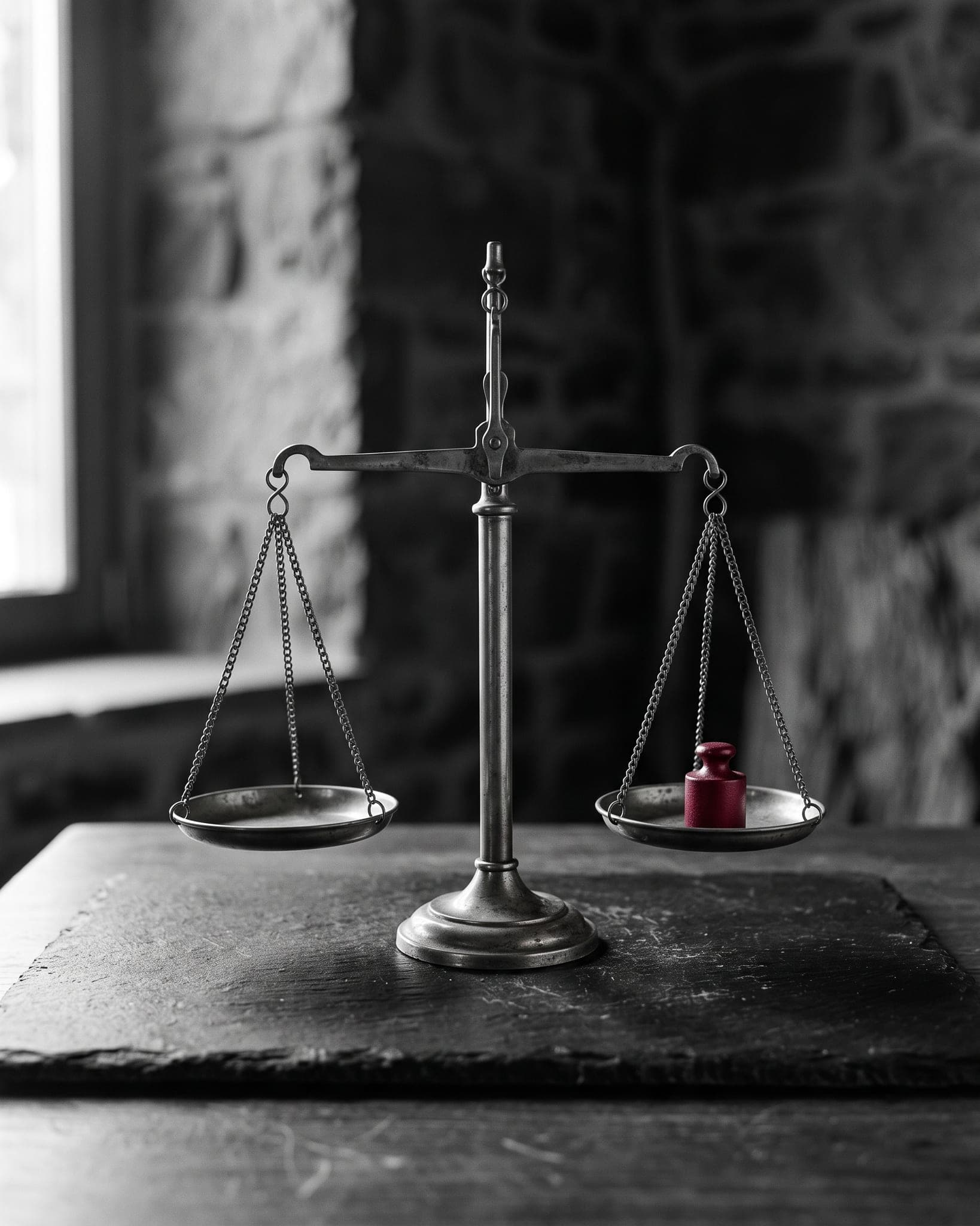 A brass balance scale in equilibrium with one crimson weight