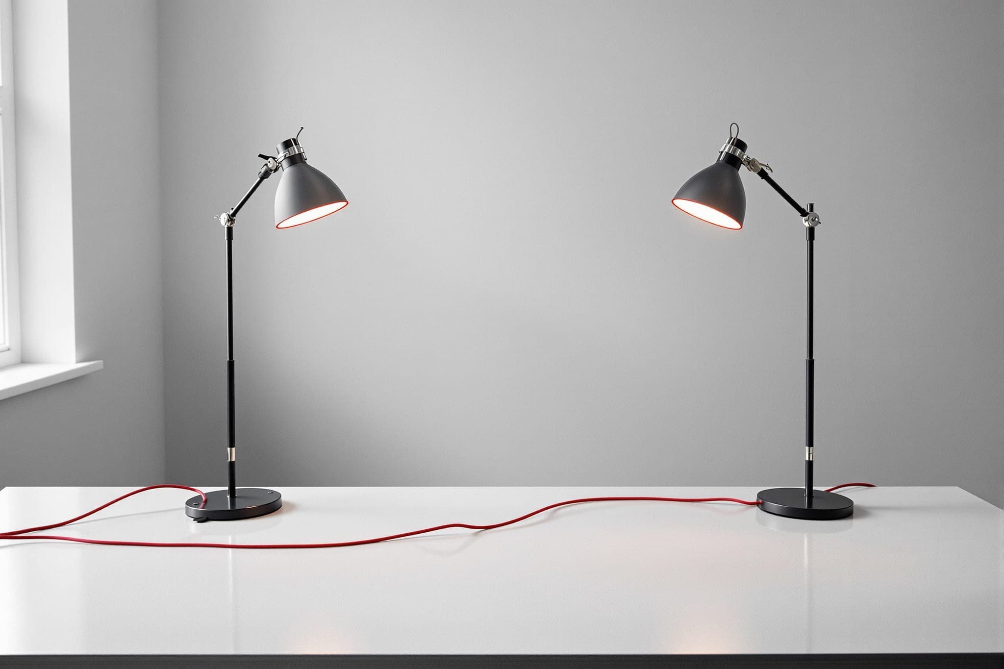 Two desk lamps at opposite ends of a long table, one lit, a crimson cable running between them
