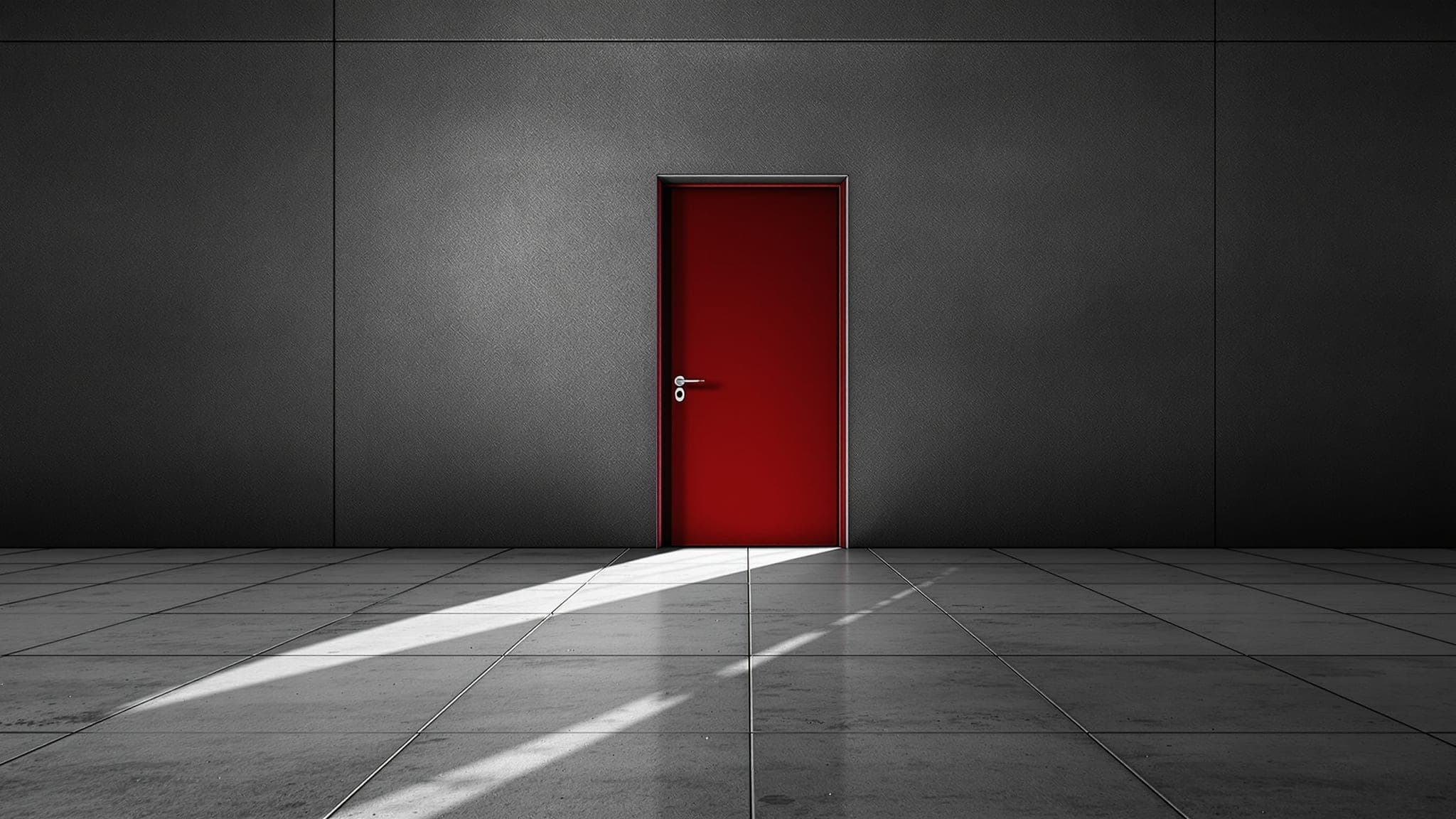 A heavy door ajar in a concrete wall, daylight through the gap, a single crimson handle