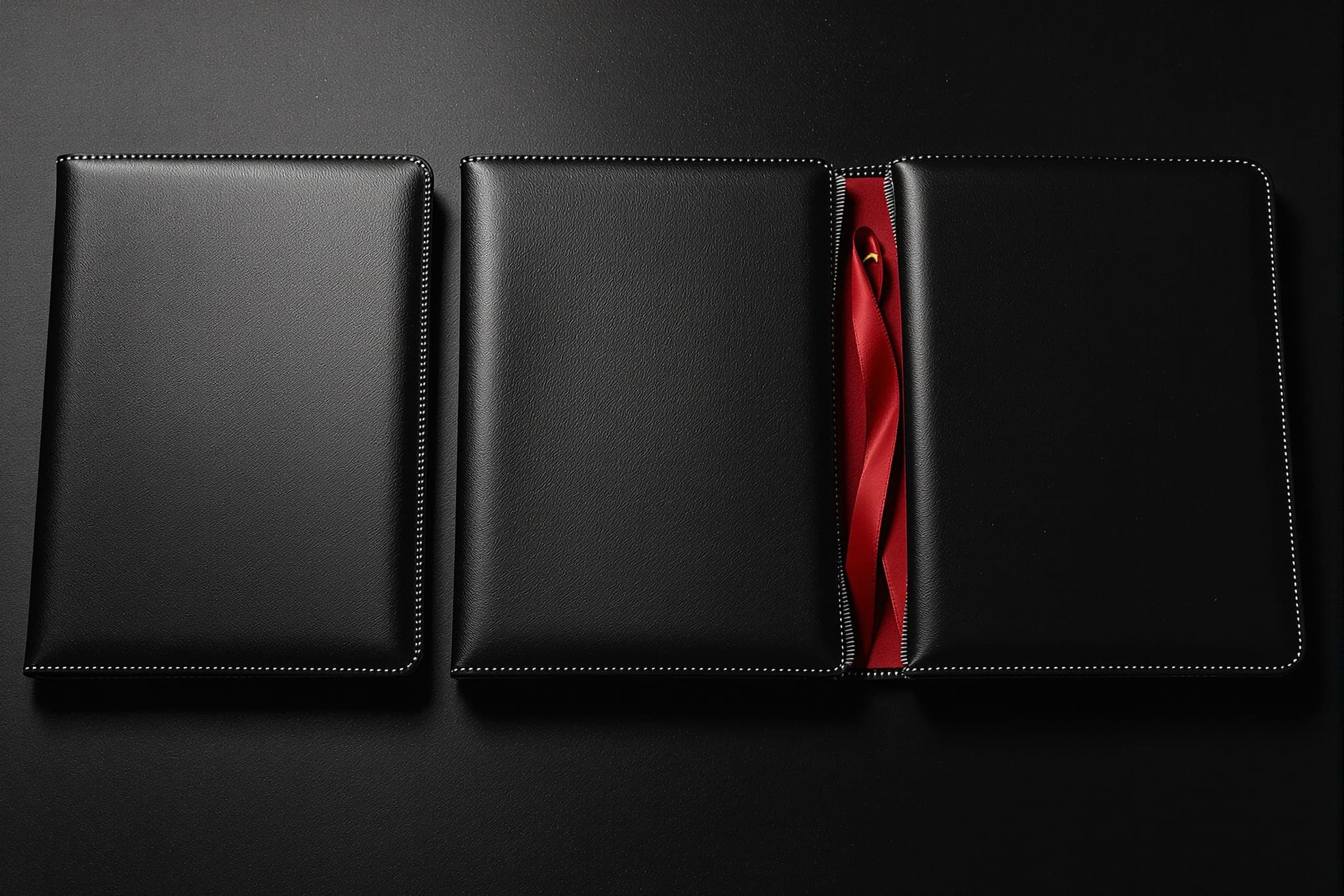Three identical portfolio cases, exactly one open with a crimson ribbon inside