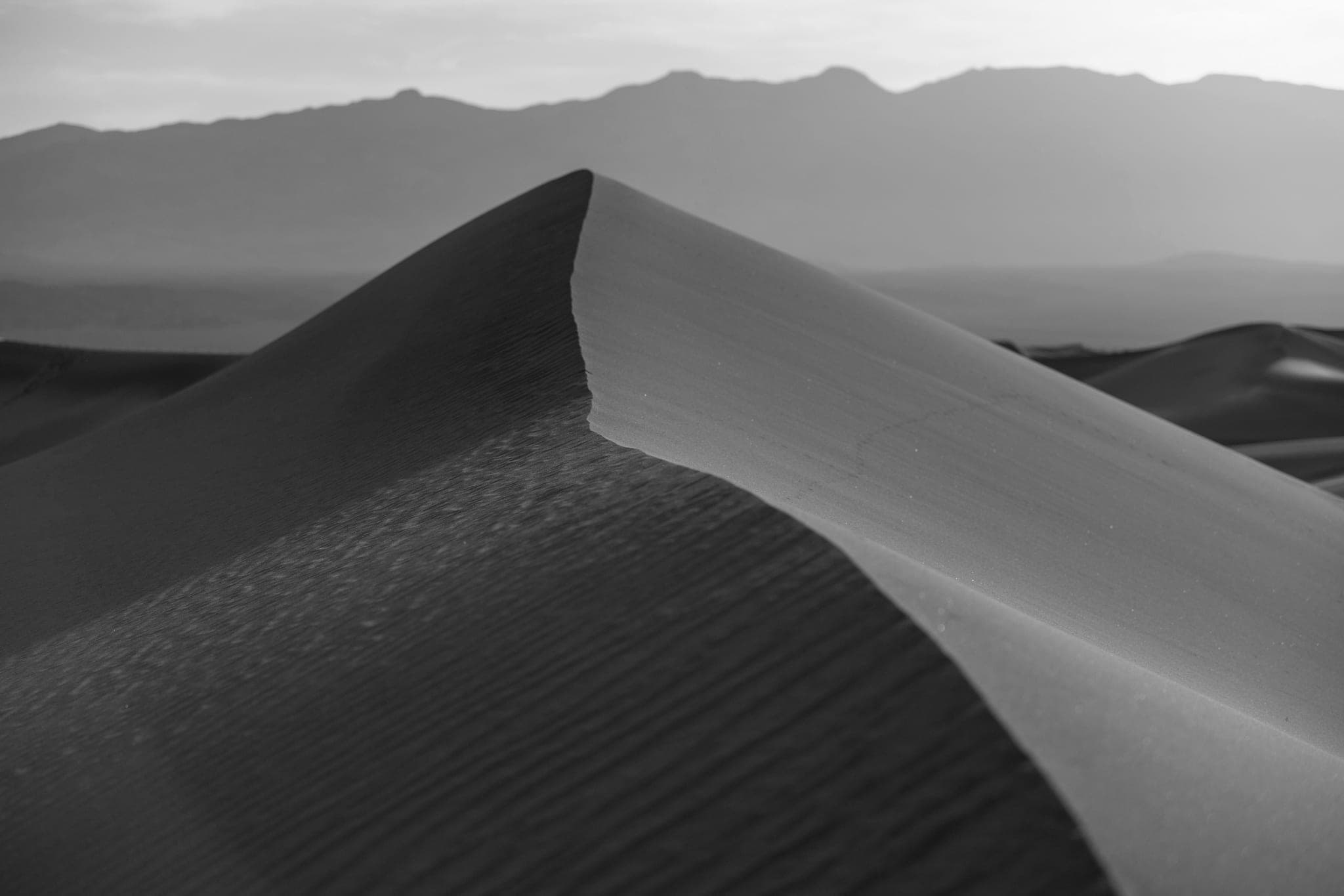 A sand dune rising to a sharp crest that divides light from shadow, mountains fading behind