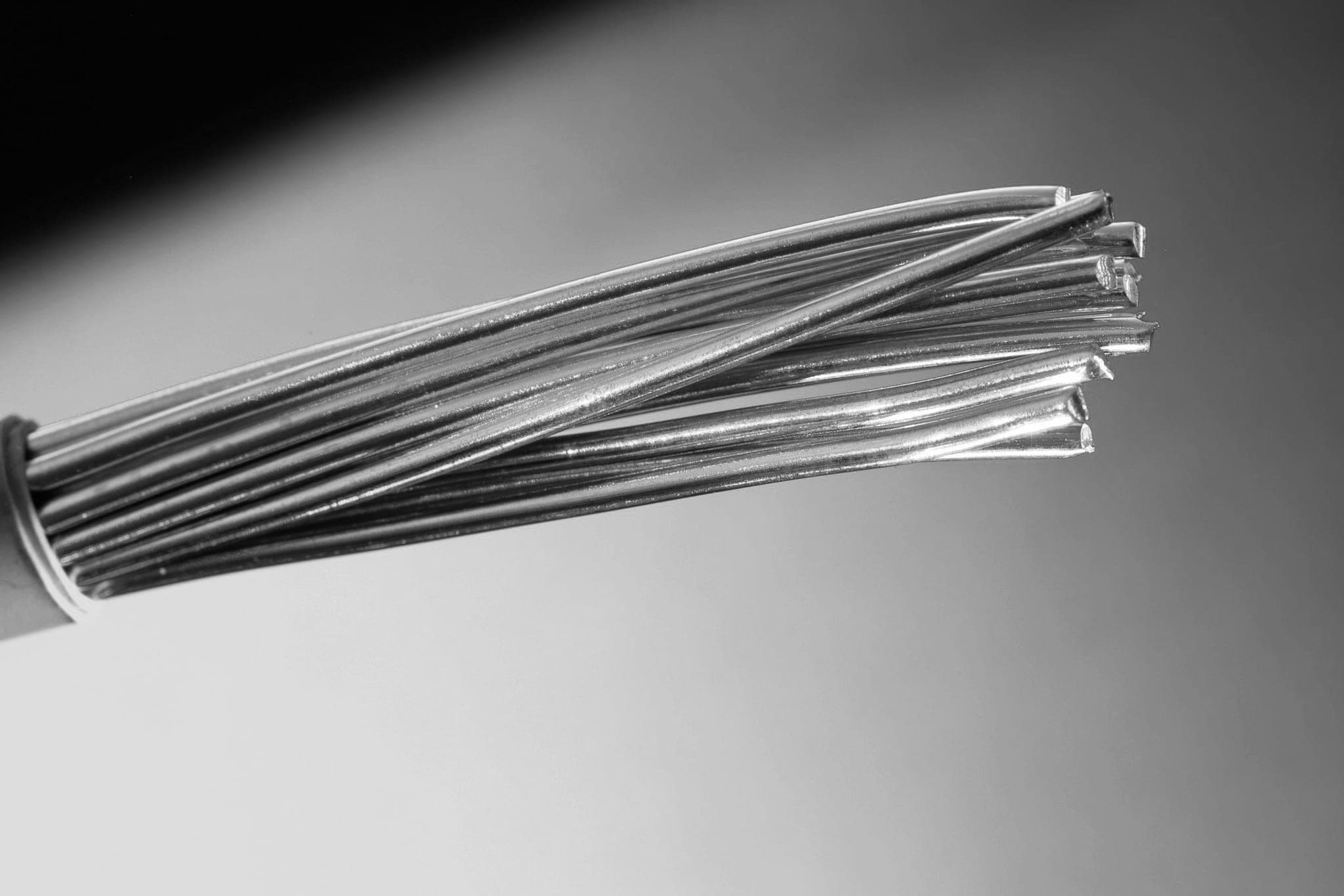 The stripped end of a thick electrical cable, its strands fanned out