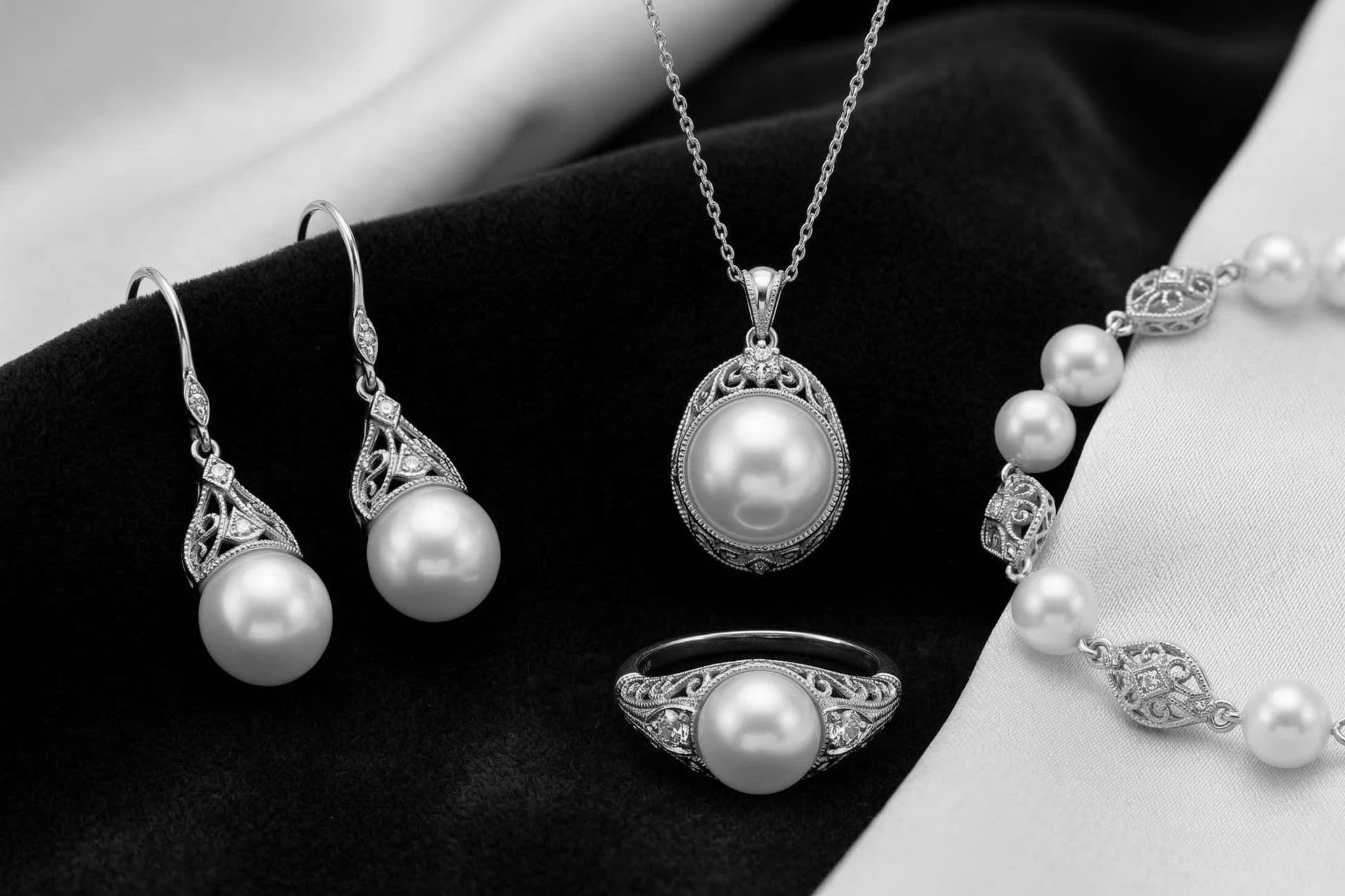 A set of pearl jewellery, earrings, a pendant, a ring and a bracelet, laid on dark velvet and pale silk